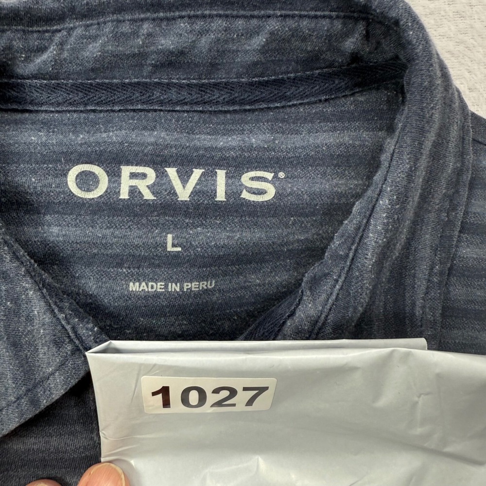 Orvis‎ Polo Shirt Mens Striped Blue / Gray Golf Polo Size Large Made in Peru - Picture 9 of 9